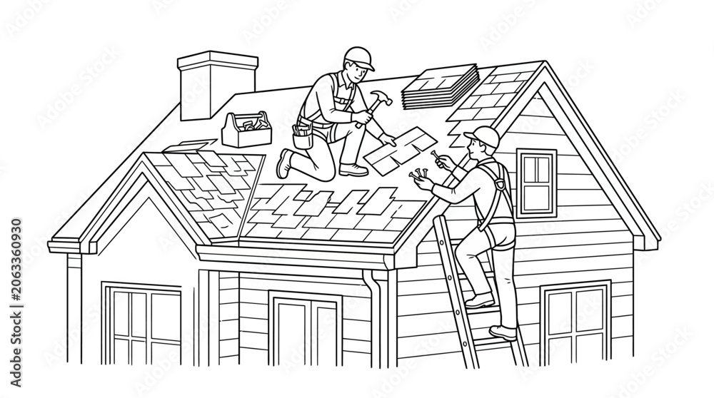 Naklejka premium Roofers Installing Shingles on Residential House Line Art Illustration