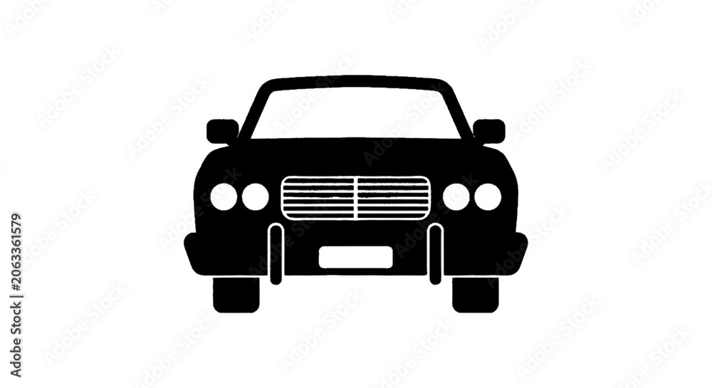 Fototapeta premium Minimal black silhouette icon, simple flat vector, bold black shape, no, no shading front view silhouette of a classic vintage car icon on a, flat icon style