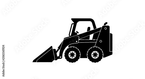 Minimal black silhouette icon, simple flat vector, bold black shape, no, no shading skid steer loader icon on a, flat icon style