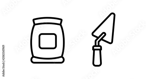 Fotografie Construction material bag and masonry trowel icon with construction concrete bui