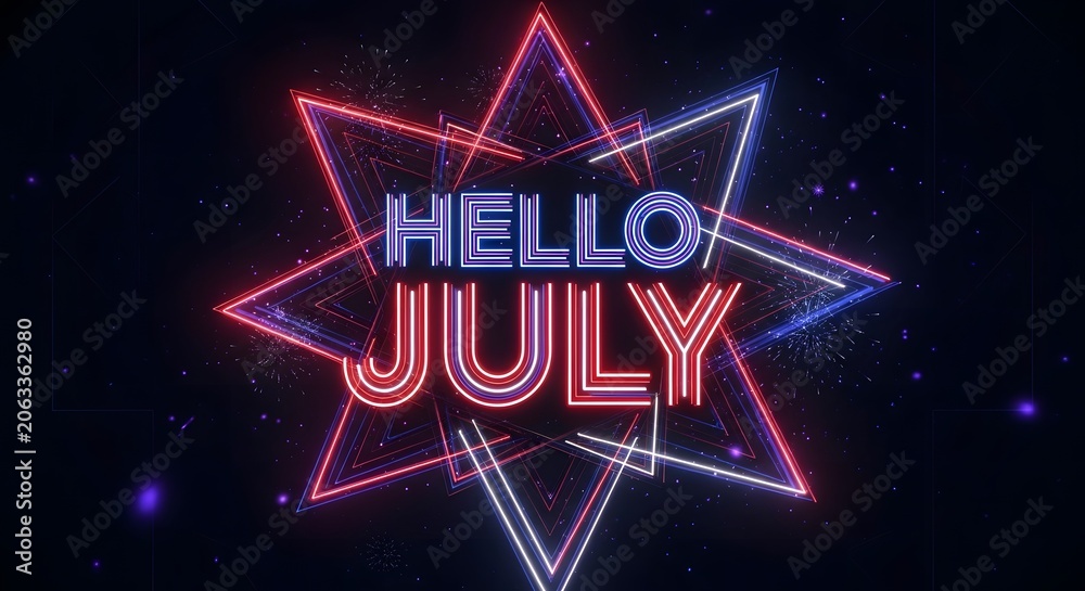 Naklejka premium Hello July neon text on patriotic red, white, and blue star geometric background, 4th of July Independence Day celebration concept