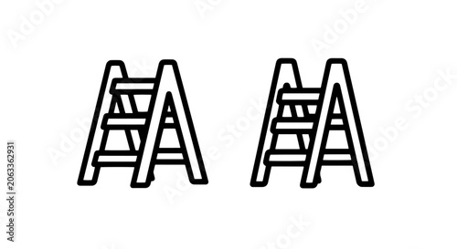 Stepladder construction tool outline and solid icons with stepladder construction climbing
