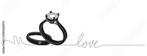 Illustration of a couple of round diamond rings, line art vector illustration with love writing.