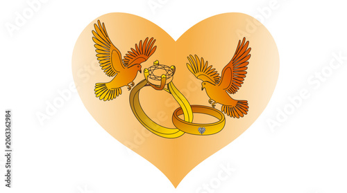 Illustration of a couple of round diamond rings and wedding doves with a golden heart image background, vector illustration of a couple of gold rings and wedding doves