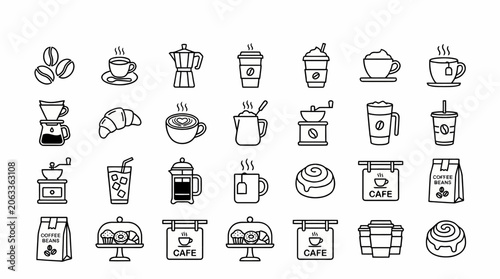 Ultimate Cafe Storefront and Coffee Equipment Line Icon Collection
