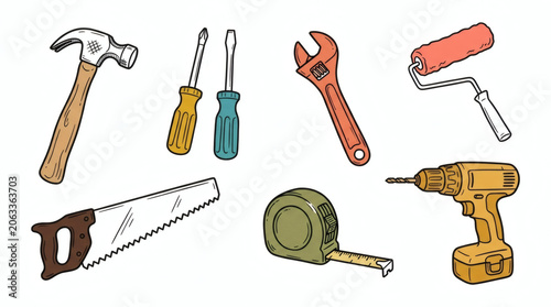 Set of playful hand drawn home repair and DIY tools illustrations. Doodle drawings of hammers, screwdrivers, wrenches, paint rollers, saw, tape measures, and electric drills. Line art in retro style