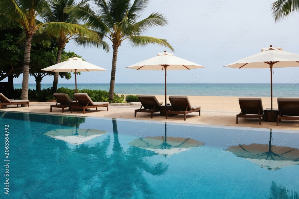 Fototapeta premium Luxury resort poolside with sunbeds and umbrellas by ocean. Palm trees border sandy beach. Tranquil blue water reflects clear sky and resort amenities. Tropical vacation scene.