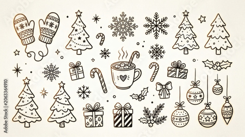 Set of playful hand drawn winter coziness and Christmas illustrations. Doodle drawings of woolen mittens, pine trees, snowflakes, wrapped gifts, candy canes, hot cocoa mugs, and Christmas baubles