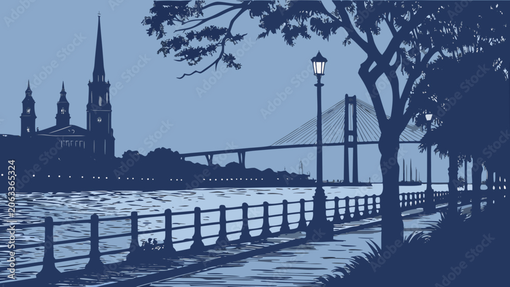 Fototapeta premium Scenic charleston waterfront skyline with bridge and historic spires