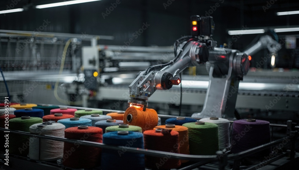 Fototapeta premium Medium shot capturing a robotic loader handling yarn cones under dim lighting of a night shift emphasizing continuous automated production in textile manufacturing.