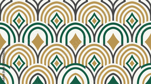 Tableau sur toile Art Deco geometric seamless pattern with stylized arches in emerald green, gold,