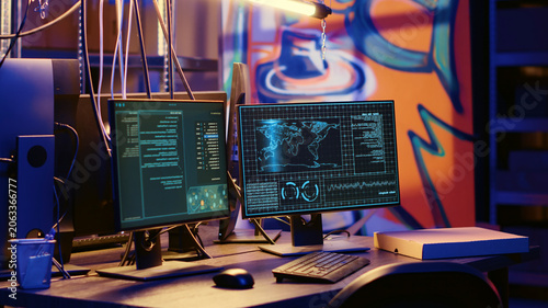 Photos High-tech computer system in hidden underground base used for international espionage, PC equipment used for intercepting soundwaves in empty hideout with graffiti painted walls