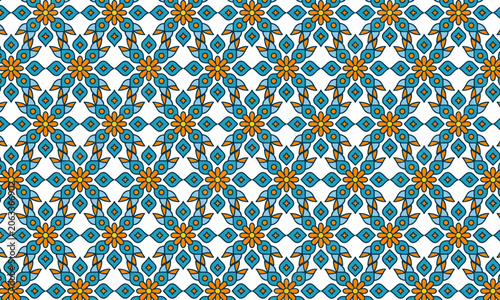 Spanish Teal Orange Alhambra Floral Seamless Pattern for Coastal Wedding Decor, Art Deco Jewelry Branding and Stained Glass Window Film