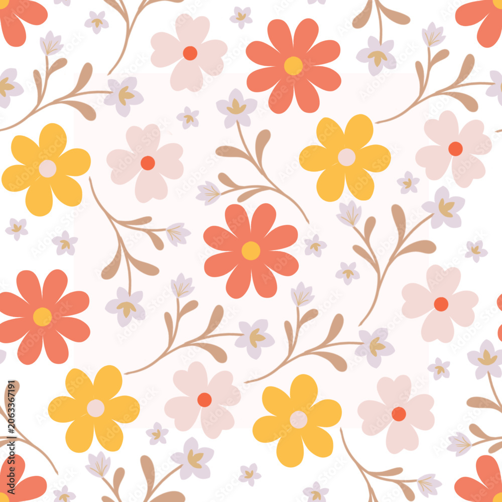 Fototapeta premium Cottagecore Summer Wildflower Seamless Pattern with Soft Pink Blossoms and Botanical Branches
