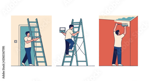 Man Using Ladder for Home Improvement and Painting Tasks