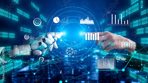Photos This image depicts a profound connection between human and robot hands, symbolizing the merging of technology and humanity in the digital age
