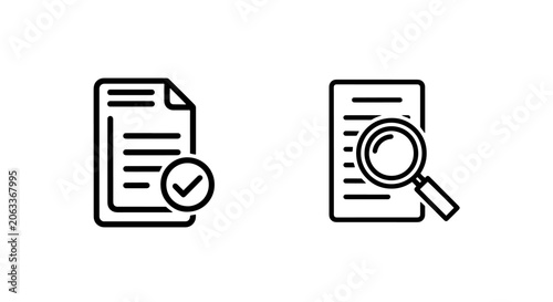 Tableau sur toile Document verification and search magnifying glass line icons set with document,