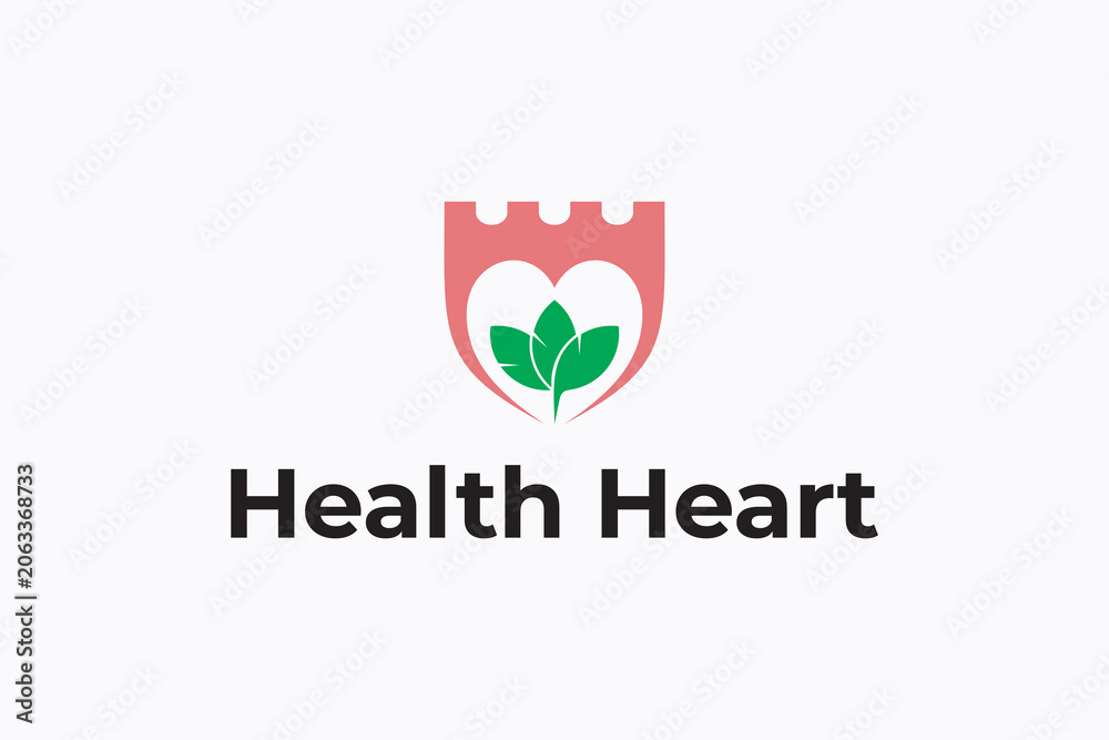 Obraz premium Health heart logo concept with fortress, heart and leaf shape element