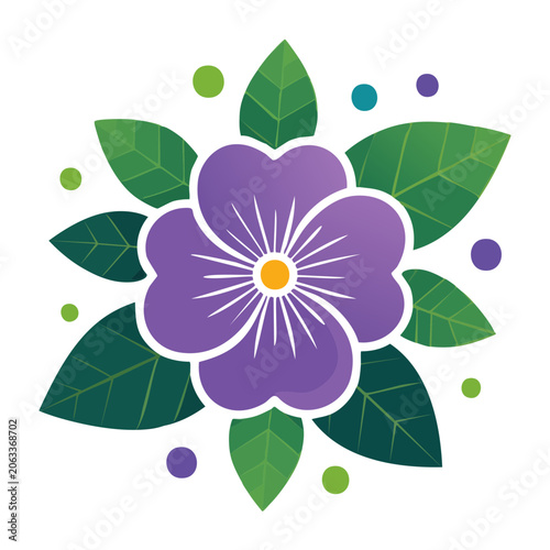 Purple flower with green leaves flat illustration