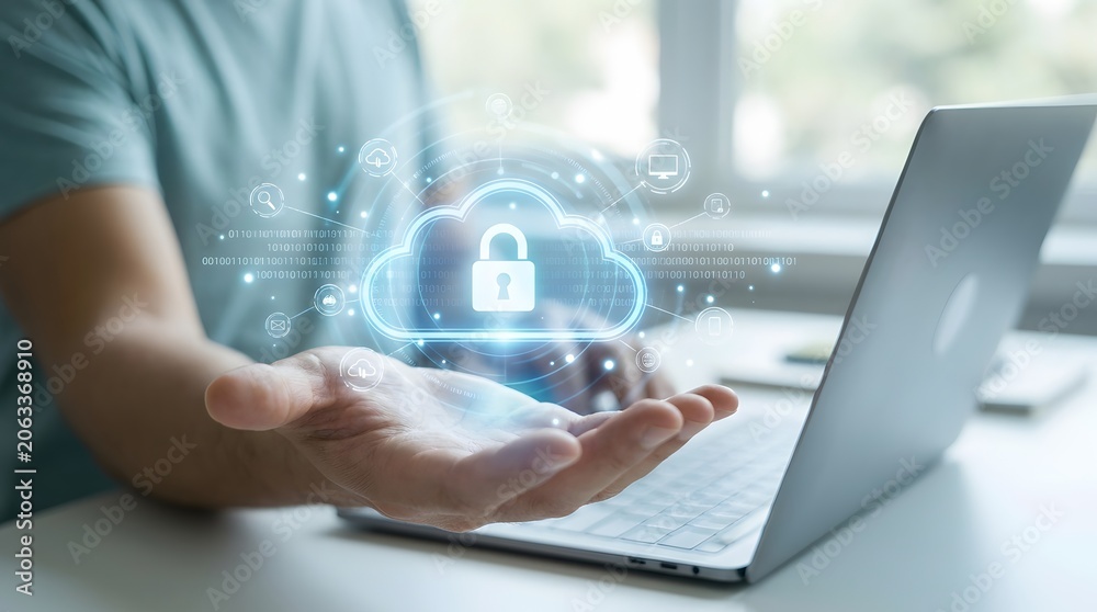 Fototapeta premium Cloud Security Concept with Digital Padlock Icon over Laptop