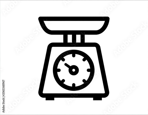 Black and white illustration of a simple, classic kitchen scale, with a dial and a platform. Depicting a weighing instrument
