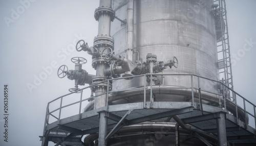 Closeup view of a pressurized continuous digester tower enveloped in soft fog highlighting metal valves and platform structures in diffused light.