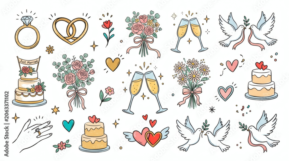 Fototapeta premium Set of playful hand drawn wedding and romance illustrations. Doodle drawings of engagement rings, wedding cakes, bridal bouquets, champagne flutes, hearts, and doves. Line art in retro style, isolated