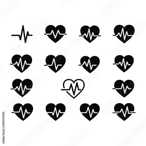 Heart rate icons with electrocardiogram line in black on white background.