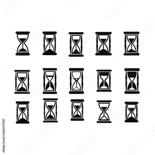 Hourglasses in various stages on white background.