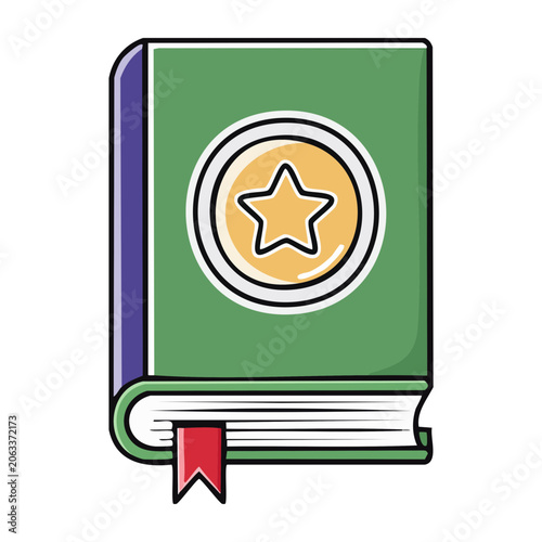 Green book with star and red bookmark illustration