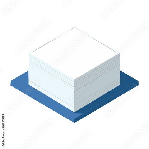 Isometric stack of white paper on blue base