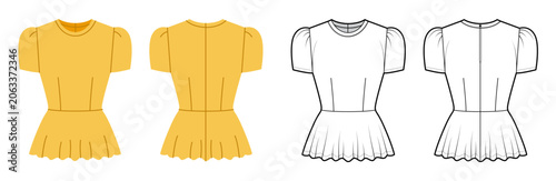 Photography Peplum top with puff sleeves, fitted bodice and flared hem with structured shaping and feminine silhouette