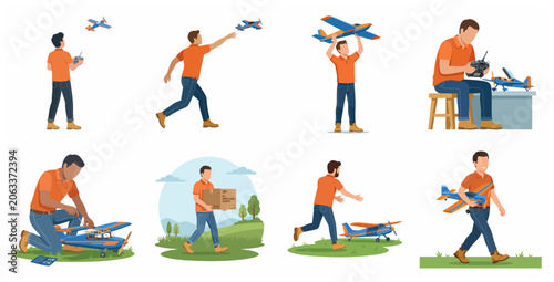 Foto Man enjoying RC airplane hobby vector illustration set featuring flying, building, and repairing remote controlled model planes