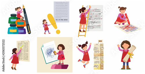 Bild auf Leinwand Set of illustrations featuring a young girl as a writer and editor, depicting the creative writing, editing, and publishing process