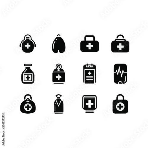 Medical icons set including first aid kit and hospital symbols.