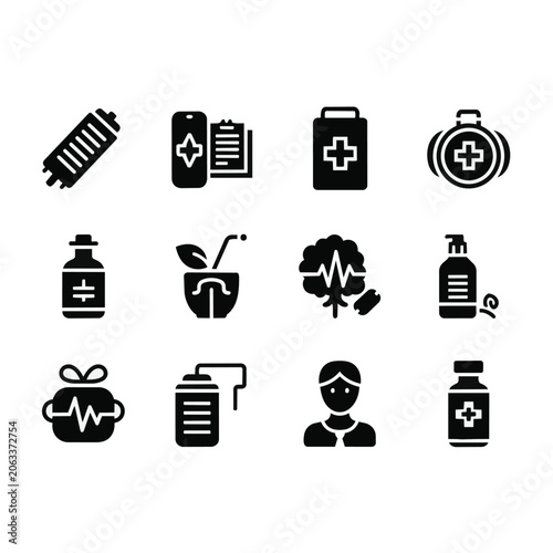 Medical icons set including pills bottles clipboard and more health related symbols.