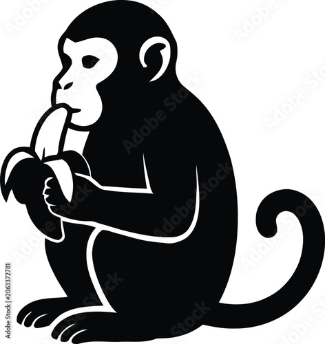 Photography A classic monkey silhouette seated in side profile, eating a peeled banana with both hands