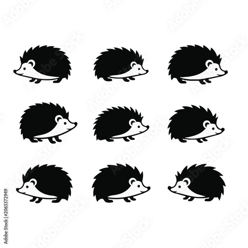 Nine cartoon hedgehogs in a row on white background.