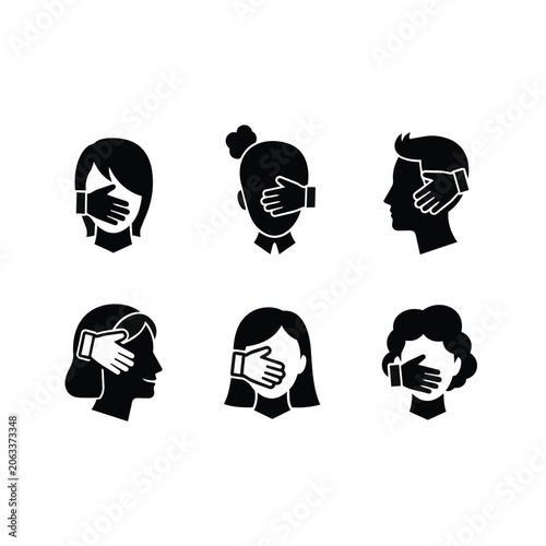Silhouette icons of people covering their mouths.