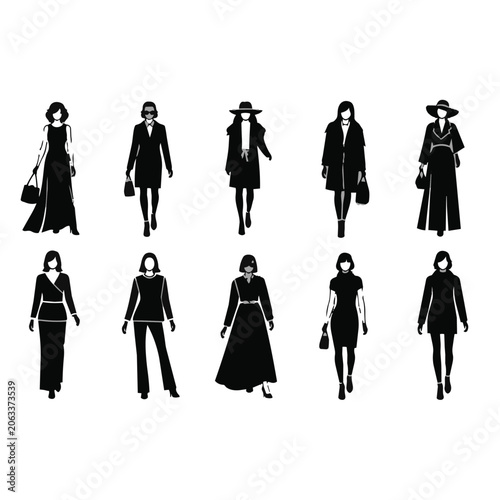 Silhouette of women in business and formal wear walking.