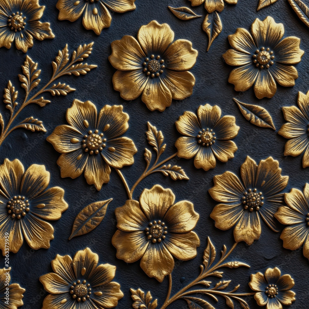 Fototapeta premium Golden embossed flowers and leaves adorn a dark textured surface. Intricate floral design repeats seamlessly across the background. Elegant botanical art forms a decorative pattern.