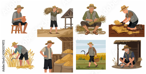 Traditional Elderly Farmer Harvesting Wheat and Agricultural Activities Illustration Set