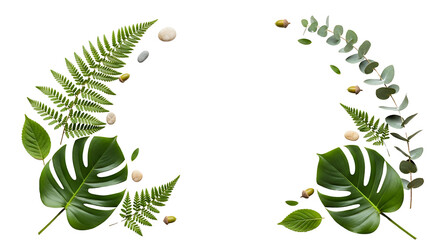 Natural green leaves, smooth stones, and acorns arranged in two decorative arcs framing a central empty space, isolated on a transparent background.