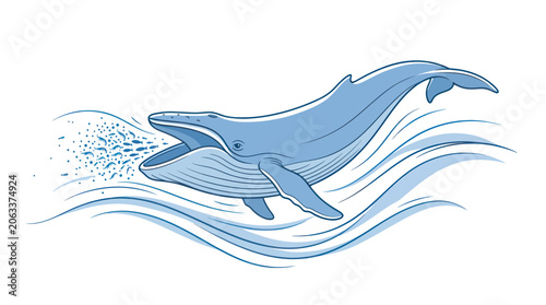 Quadro su tela Blue Whale Spouting Water in Ocean Waves, Marine Life Illustration