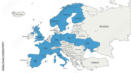 Map of Europe highlighting European Union member states in blue
