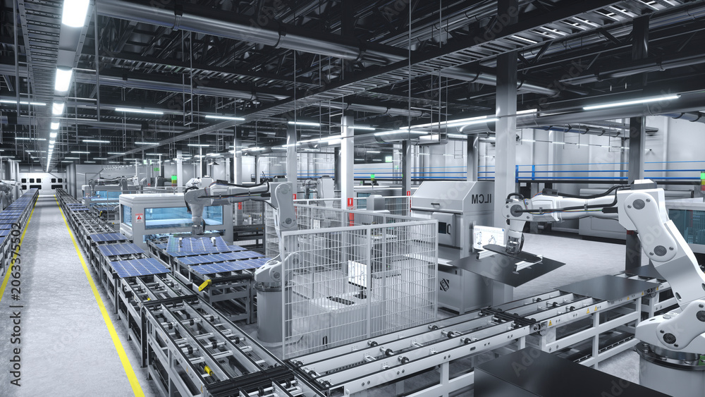 Fototapeta premium Heavy machinery in cutting edge solar panel warehouse handling photovoltaic modules on large assembly lines, wide camera shot of sustainable facility manufacturing solar cells, 3D illustration.