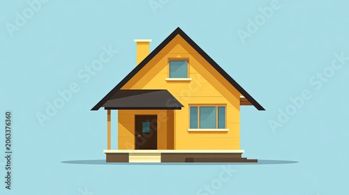 Cartoon yellow house with black roof and chimney against a blue background