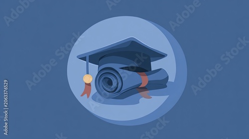 Graduation cap and diploma symbol in blue circle for education concept