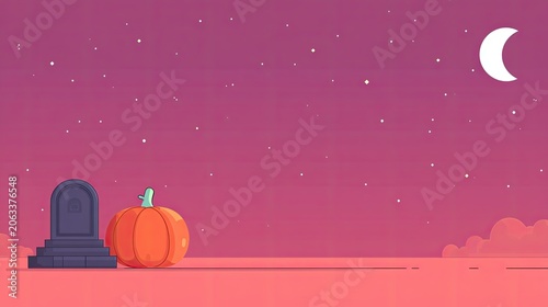 Halloween night scene with pumpkin tombstone and crescent moon illustration