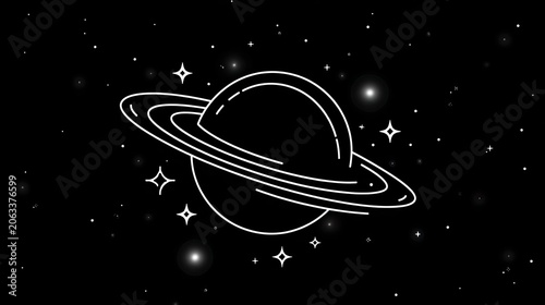 Minimalist illustration of saturn planet with rings and sparkling stars